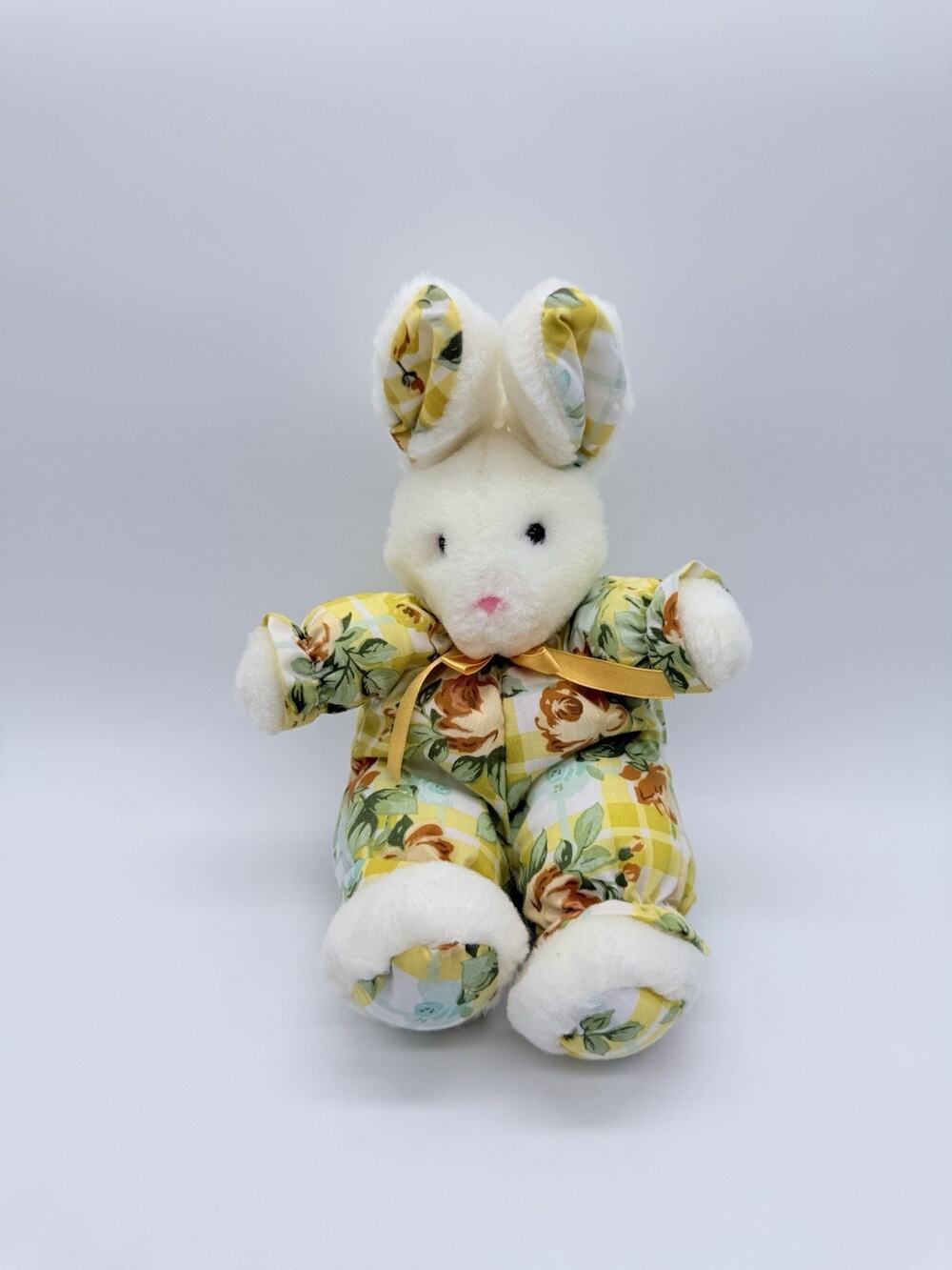 1992 Commonwealth White Bunny Rabbit Floral Yellow Multi Easter Plush 10” No Tag